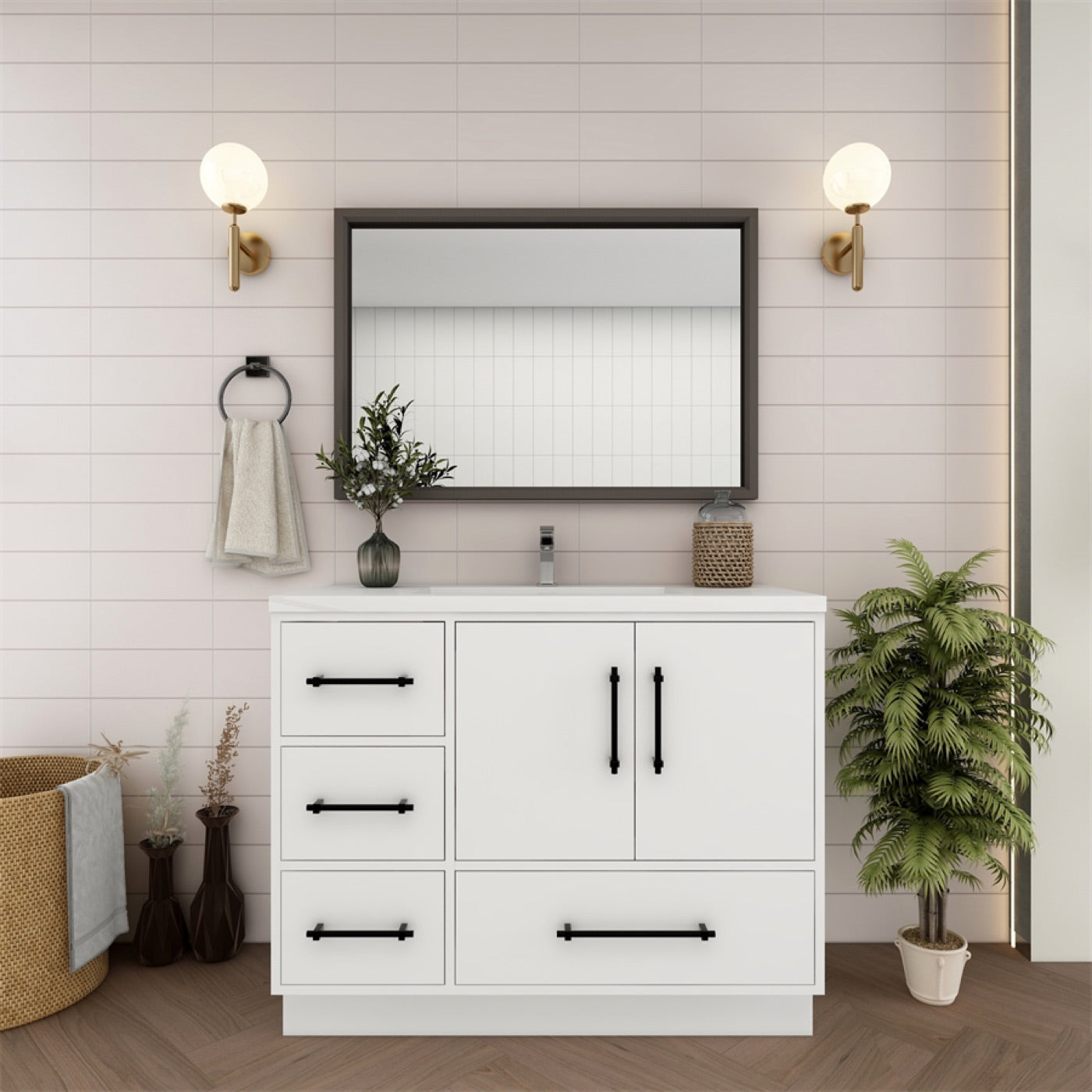 Color: Gloss White | Victoria 42" Freestanding Bathroom Vanity with Left Side Drawers image 2