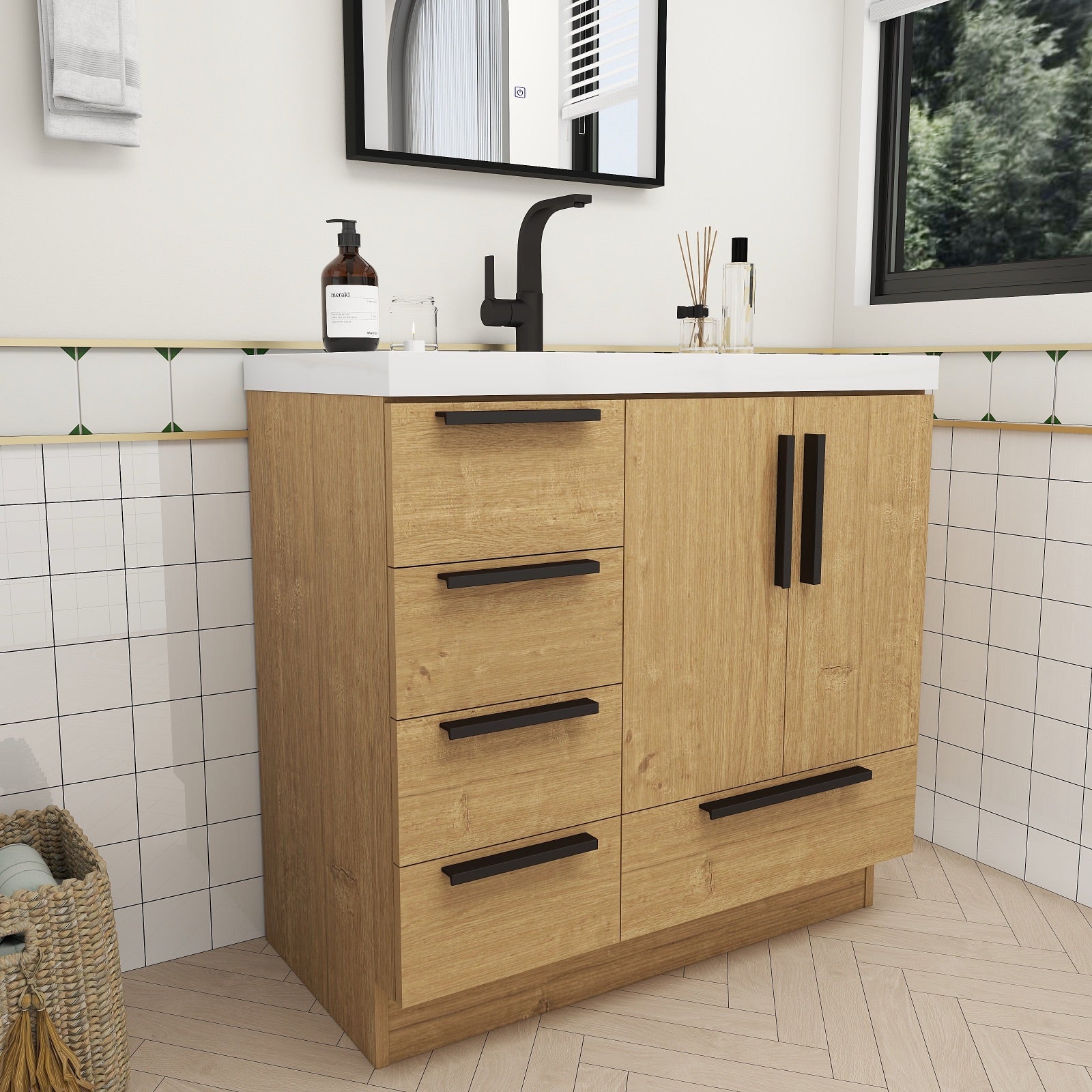 Color: White Oak | Carla 36" Freestanding Bathroom Vanity with Left Side Drawers | Source: Carla36L-TO (6).jpg