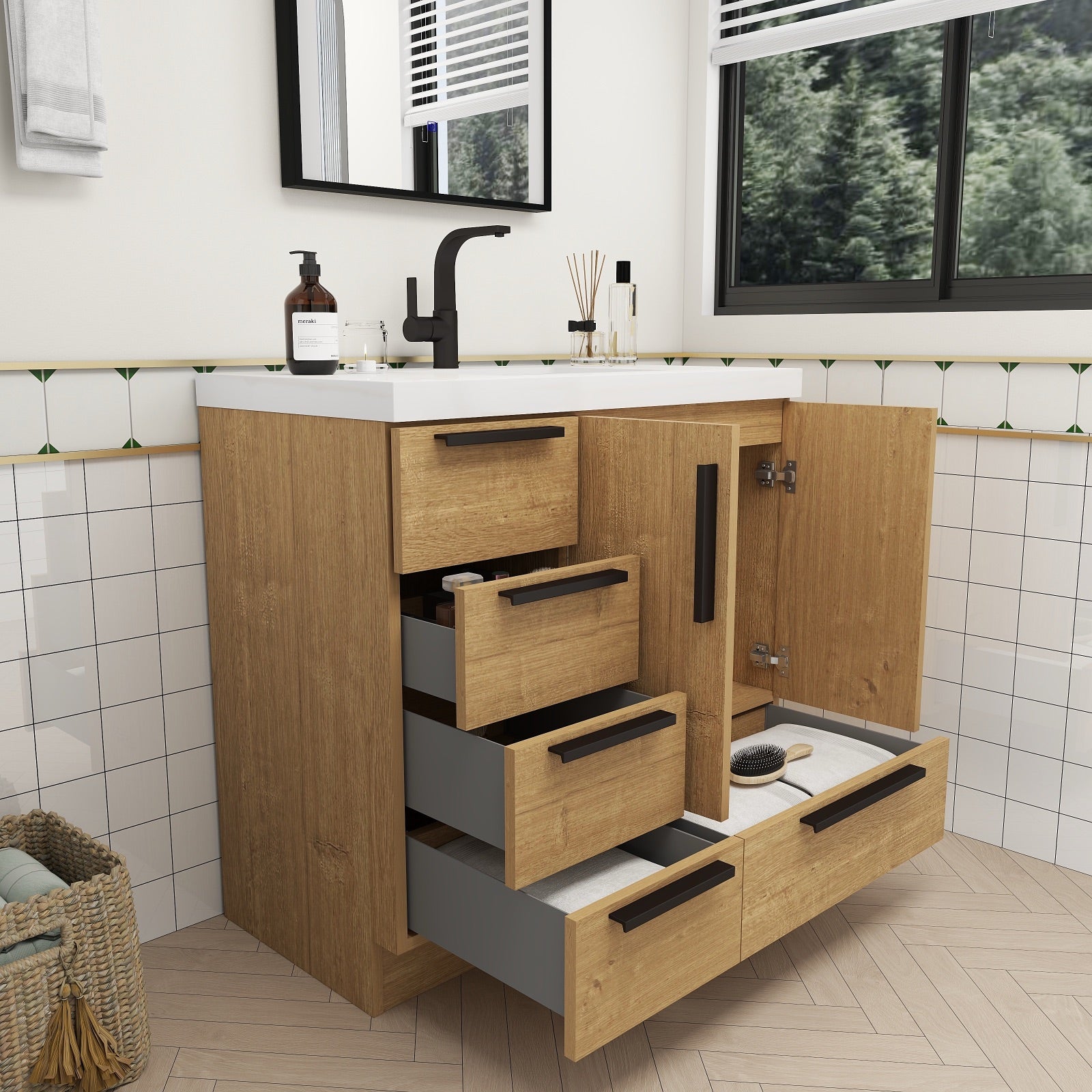 Color: White Oak | Carla 36" Freestanding Bathroom Vanity with Left Side Drawers | Source: Carla36L-TO (7).jpg