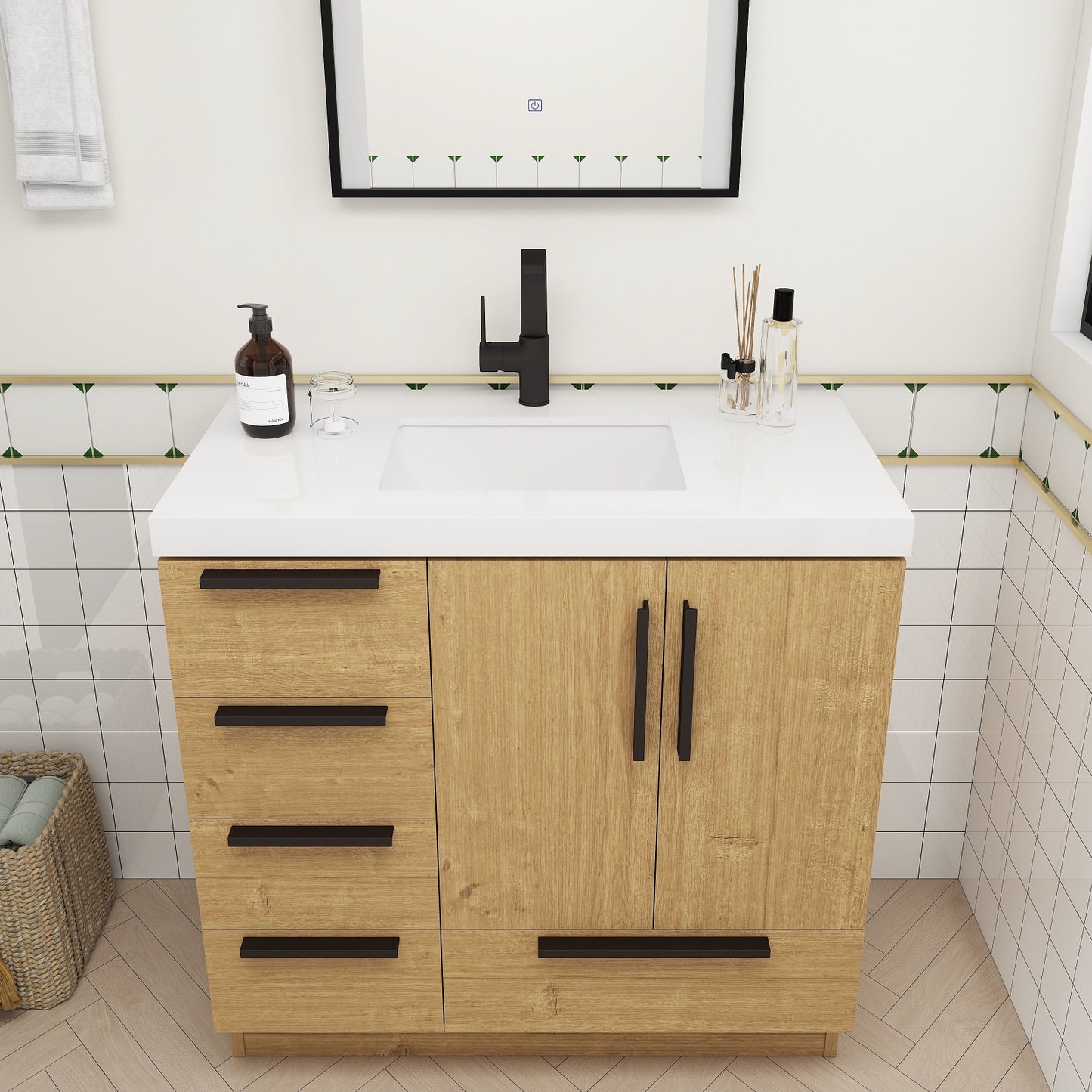 Color: White Oak | Carla 36" Freestanding Bathroom Vanity with Left Side Drawers | Source: Carla36L-TO (8).jpg