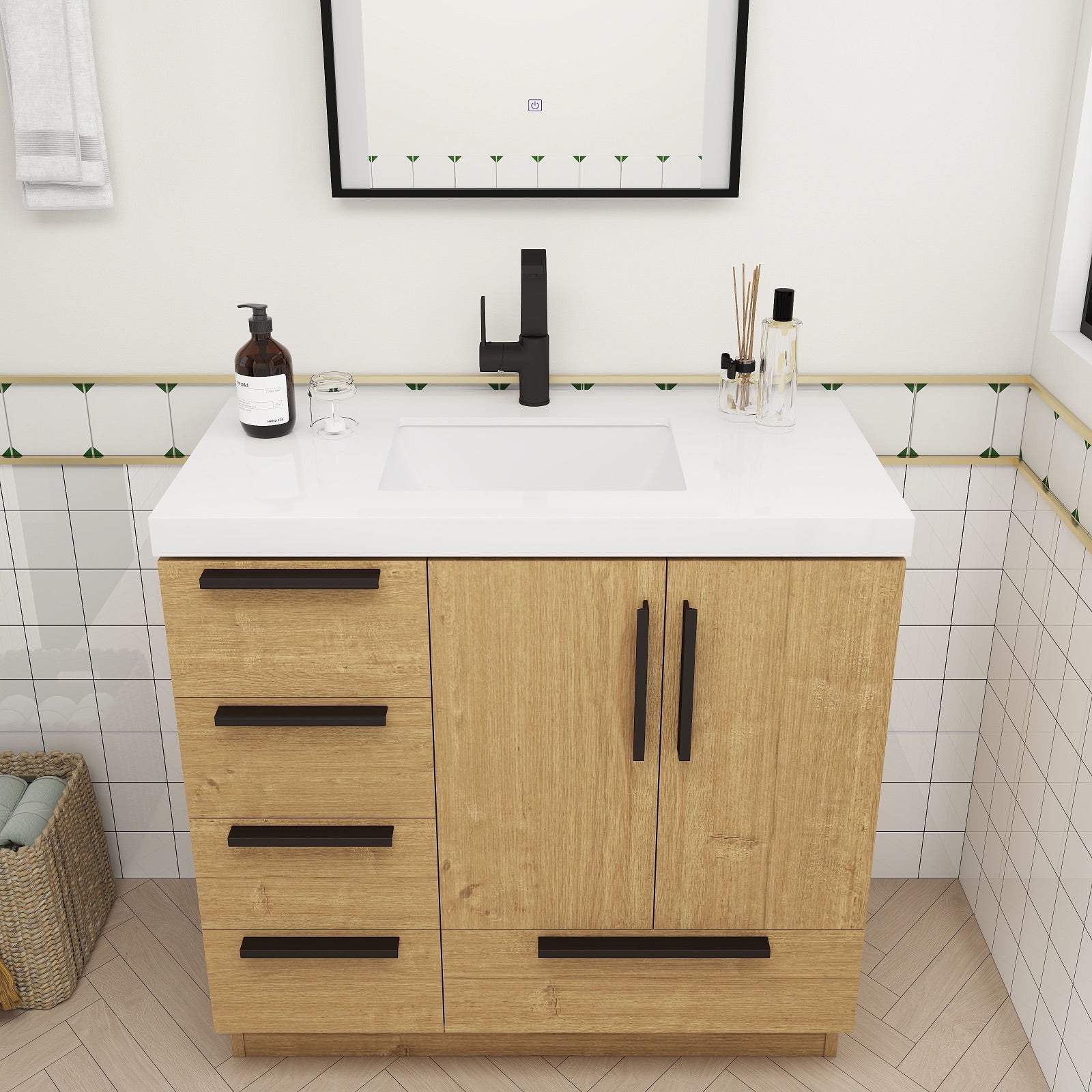 Color: White Oak | Carla 36" Freestanding Bathroom Vanity with Left Side Drawers | Source: Carla36L-TO (8).jpg