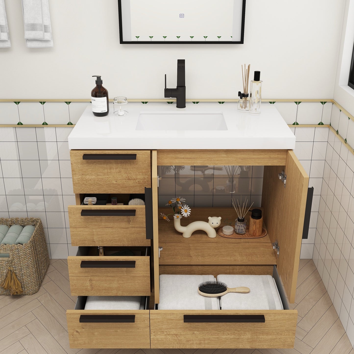 Color: White Oak | Carla 36" Freestanding Bathroom Vanity with Left Side Drawers | Source: Carla36L-TO (9).jpg