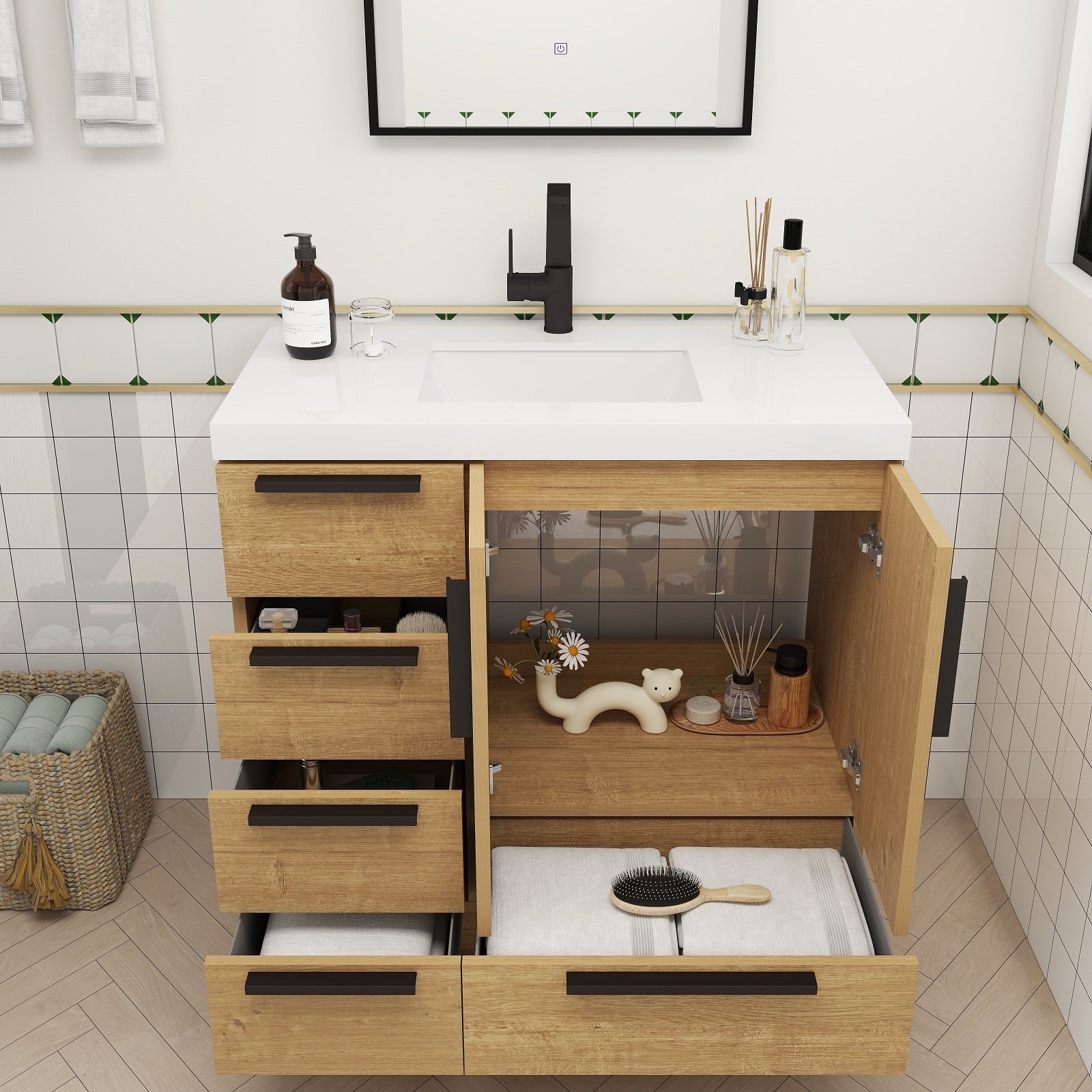Color: Oak | Carla 36" Freestanding Bathroom Vanity with Left Side Drawers | Source: Carla36L-TO (9).jpg