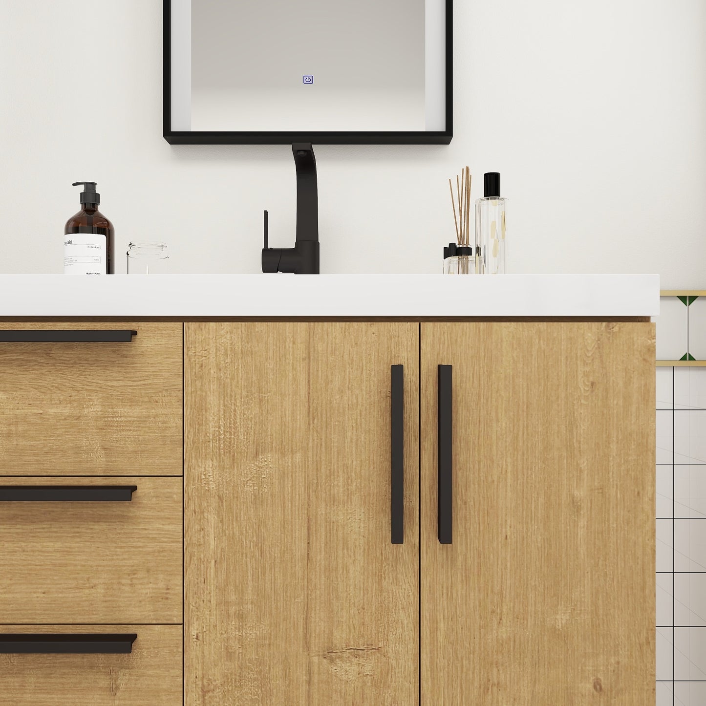 Color: White Oak | Carla 36" Freestanding Bathroom Vanity with Left Side Drawers | Source: Carla36L-TO (10).jpg
