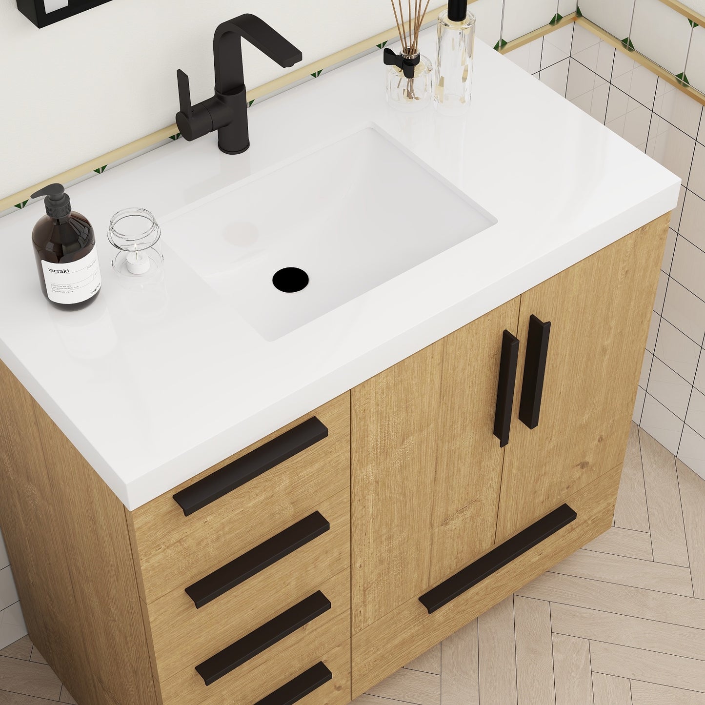 Color: White Oak | Carla 36" Freestanding Bathroom Vanity with Left Side Drawers | Source: Carla36L-TO (12).jpg