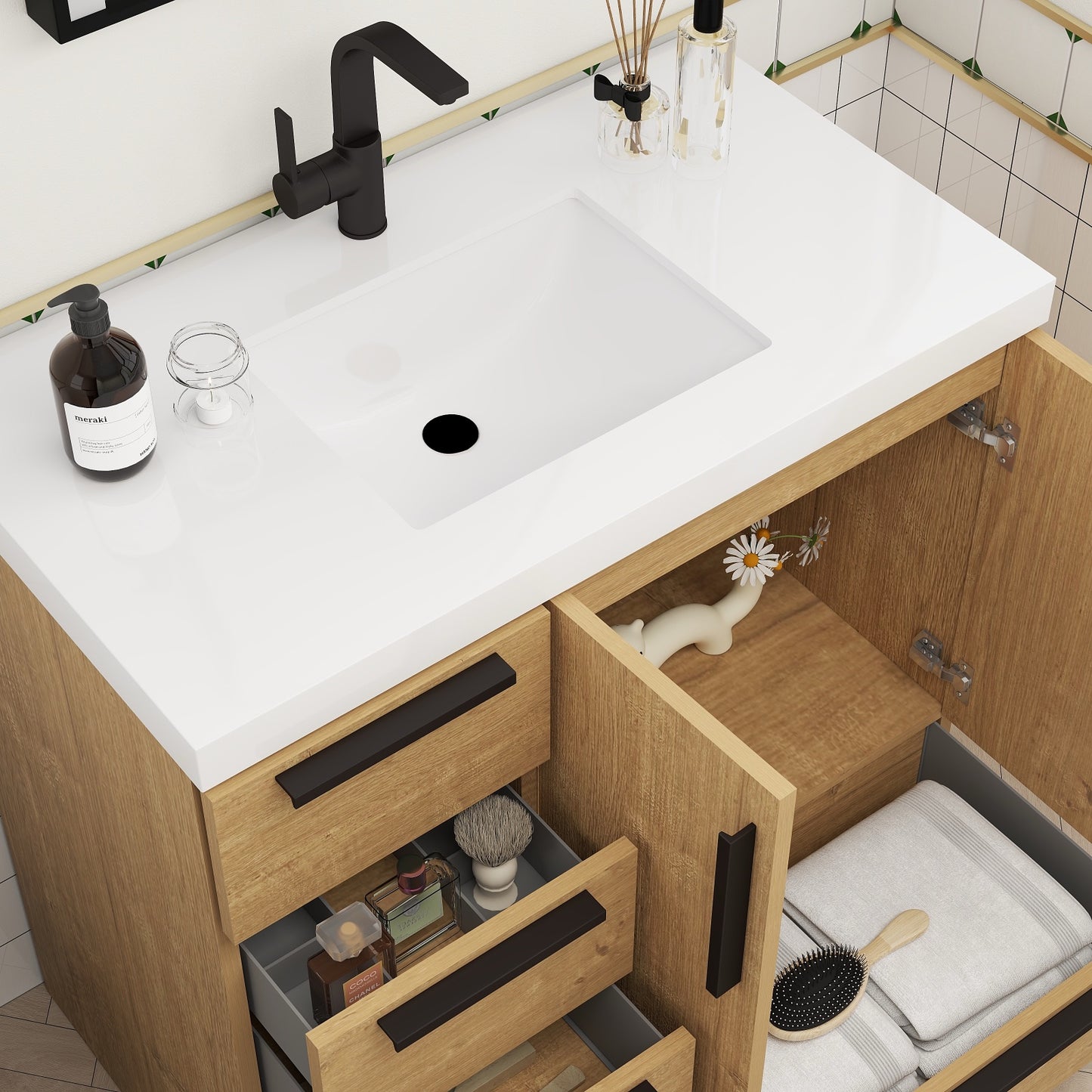 Color: Oak | Carla 36" Freestanding Bathroom Vanity with Left Side Drawers | Source: Carla36L-TO (13).jpg