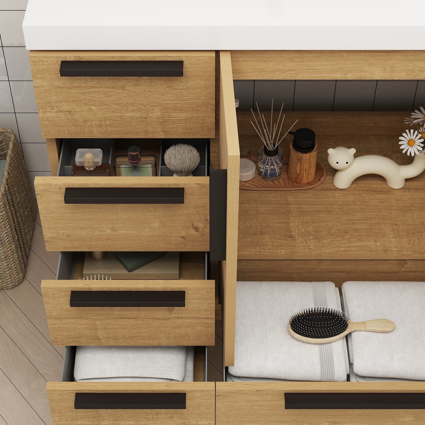 Color: Oak | Carla 36" Freestanding Bathroom Vanity with Left Side Drawers | Source: Carla36L-TO (14).jpg