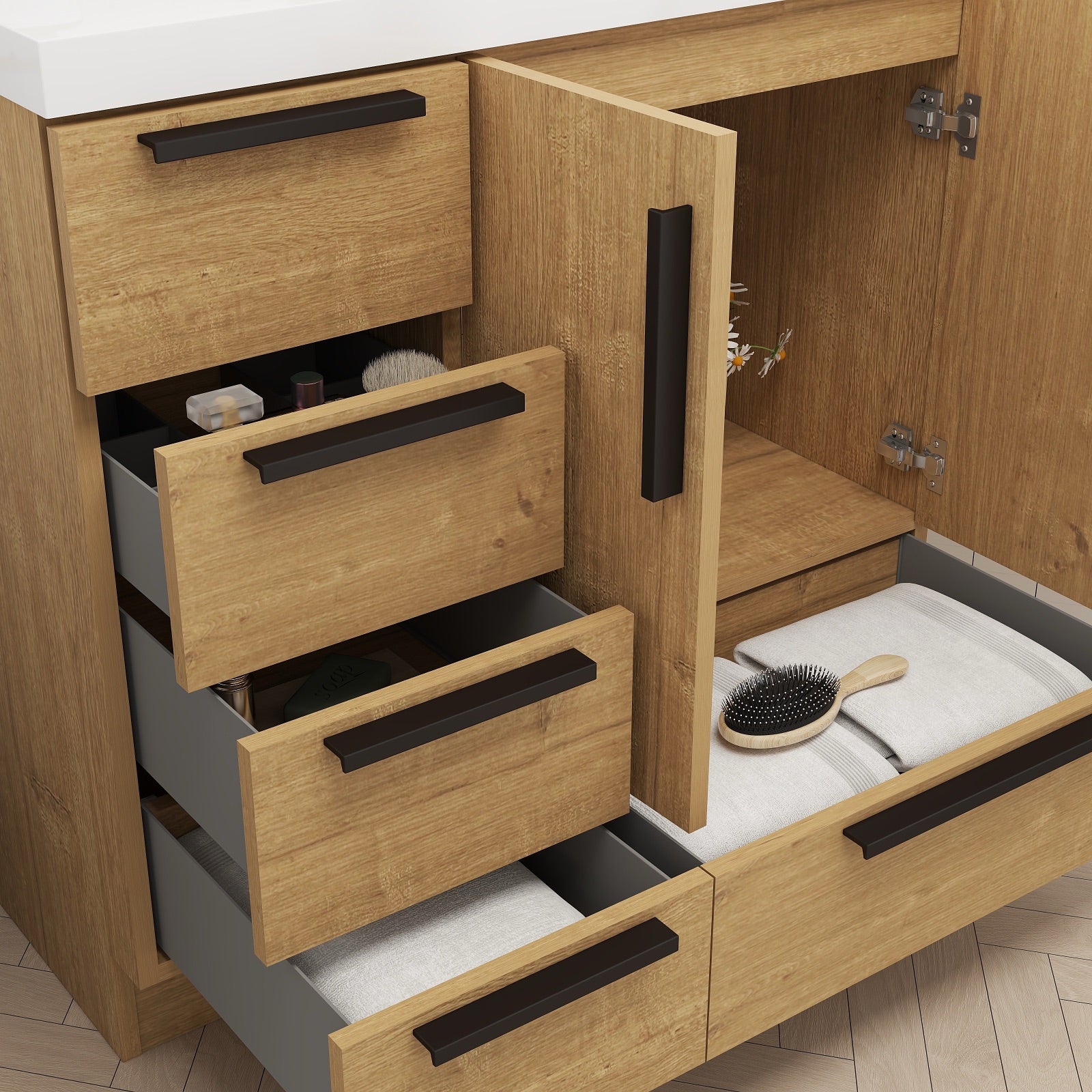 Color: White Oak | Carla 36" Freestanding Bathroom Vanity with Left Side Drawers | Source: Carla36L-TO (15).jpg
