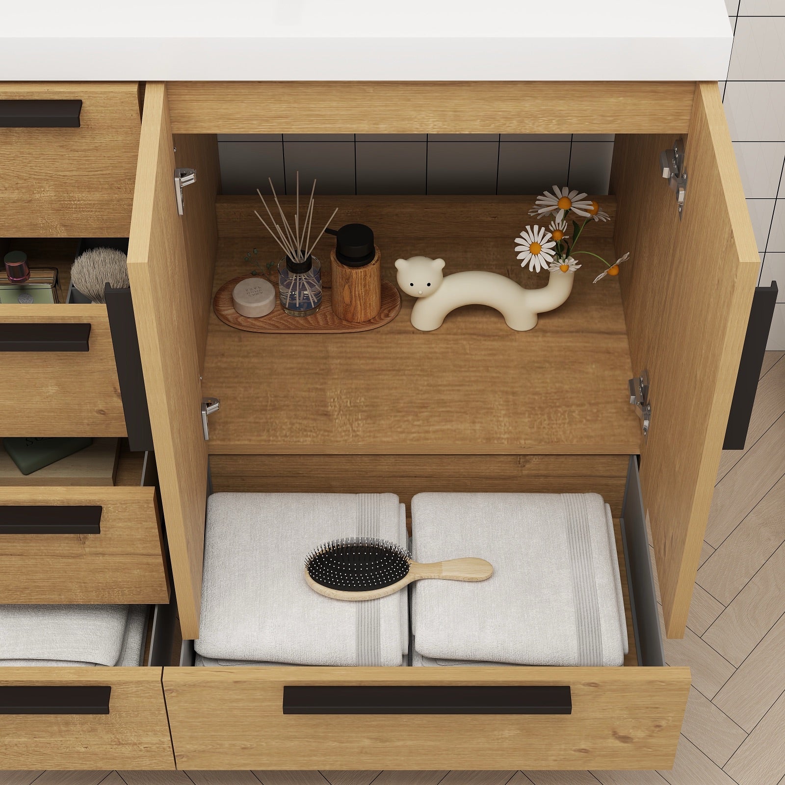 Color: Oak | Carla 36" Freestanding Bathroom Vanity with Left Side Drawers | Source: Carla36L-TO (16).jpg