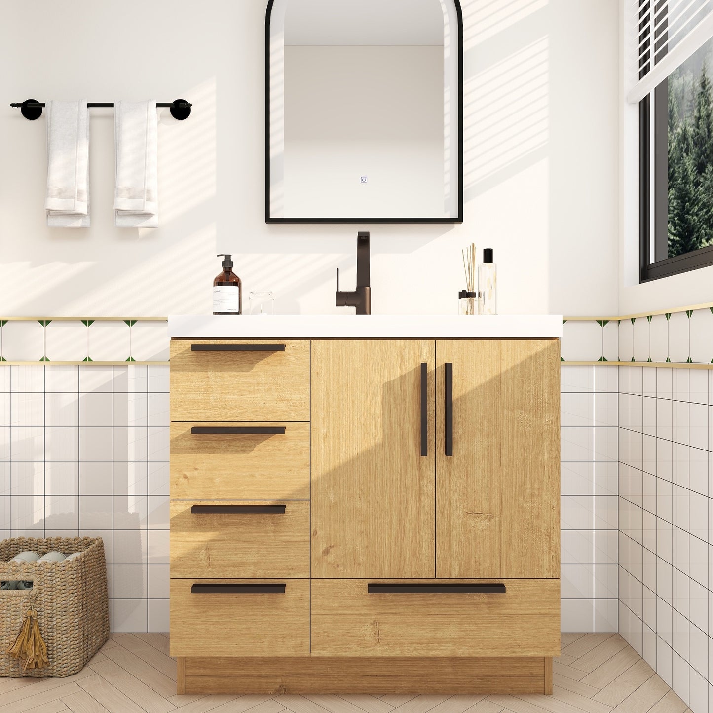 Color: Oak | Carla 36" Freestanding Bathroom Vanity with Left Side Drawers | Source: Carla36L-TO (18).jpg