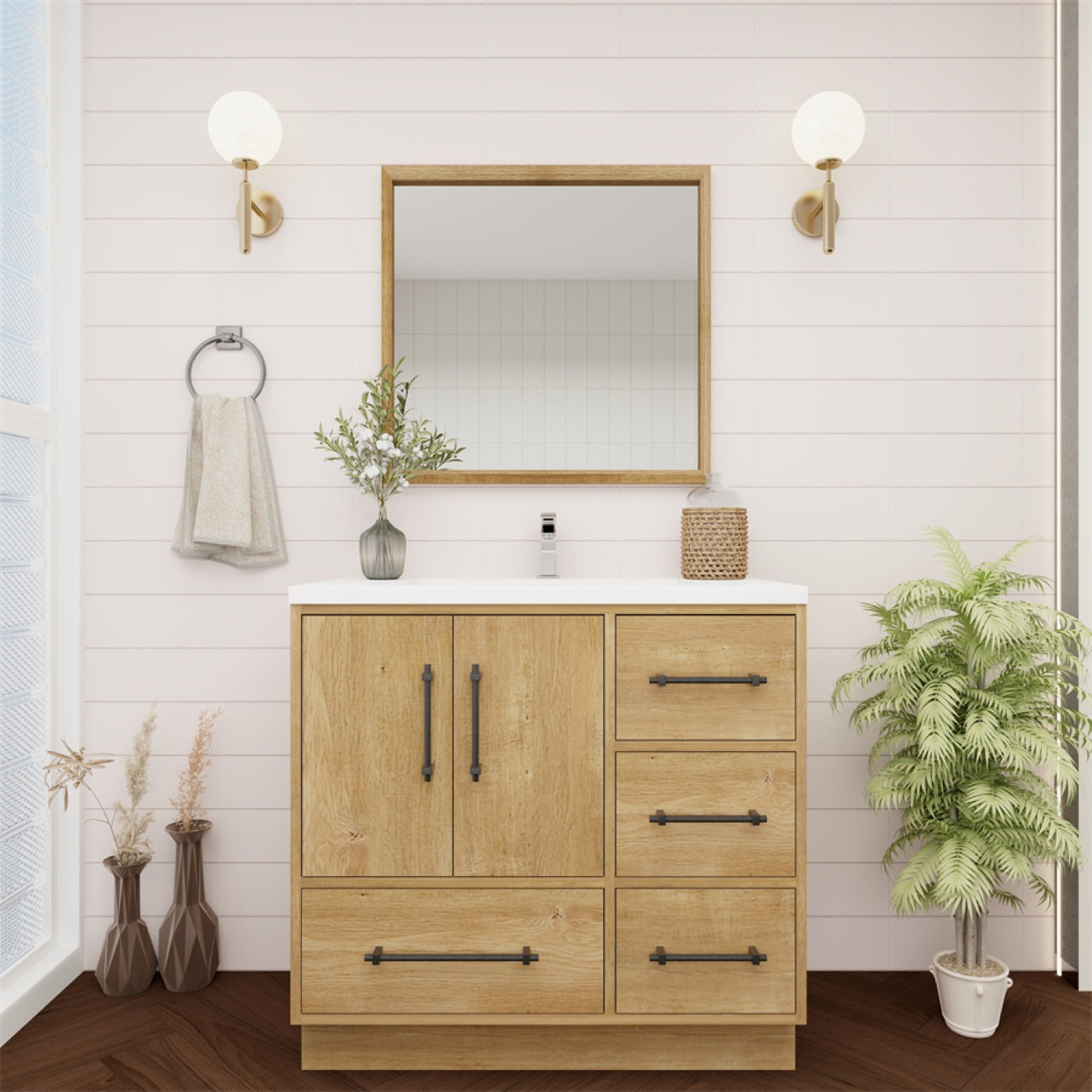 Color: Oak | Victoria 36" Freestanding Bathroom Vanity with Right Side Drawers image 2