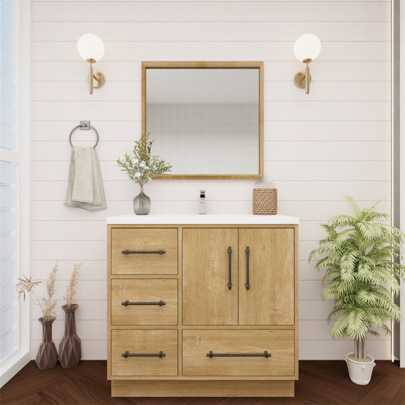 Color: Oak | Victoria 36" Freestanding Bathroom Vanity with Left Side Drawers image 2