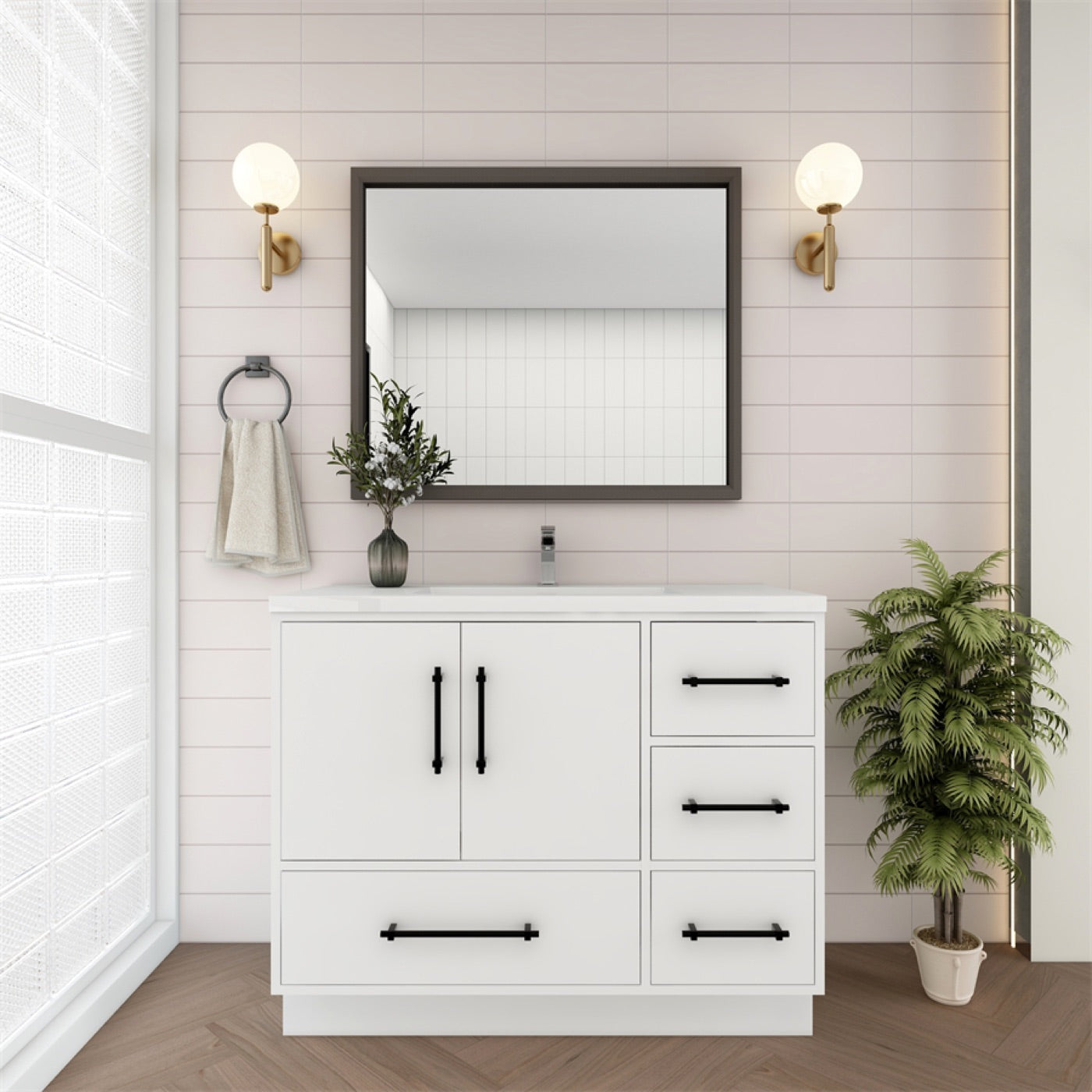 Color: Gloss White | Victoria 42" Freestanding Bathroom Vanity with Right Side Drawers image 2