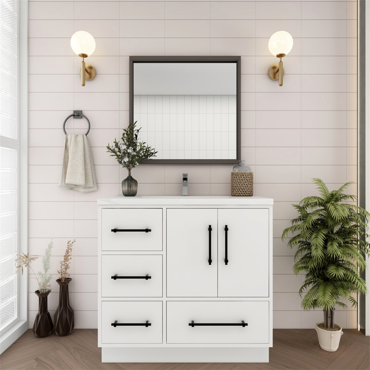 Color: Gloss White | Victoria 36" Freestanding Bathroom Vanity with Left Side Drawers image 2