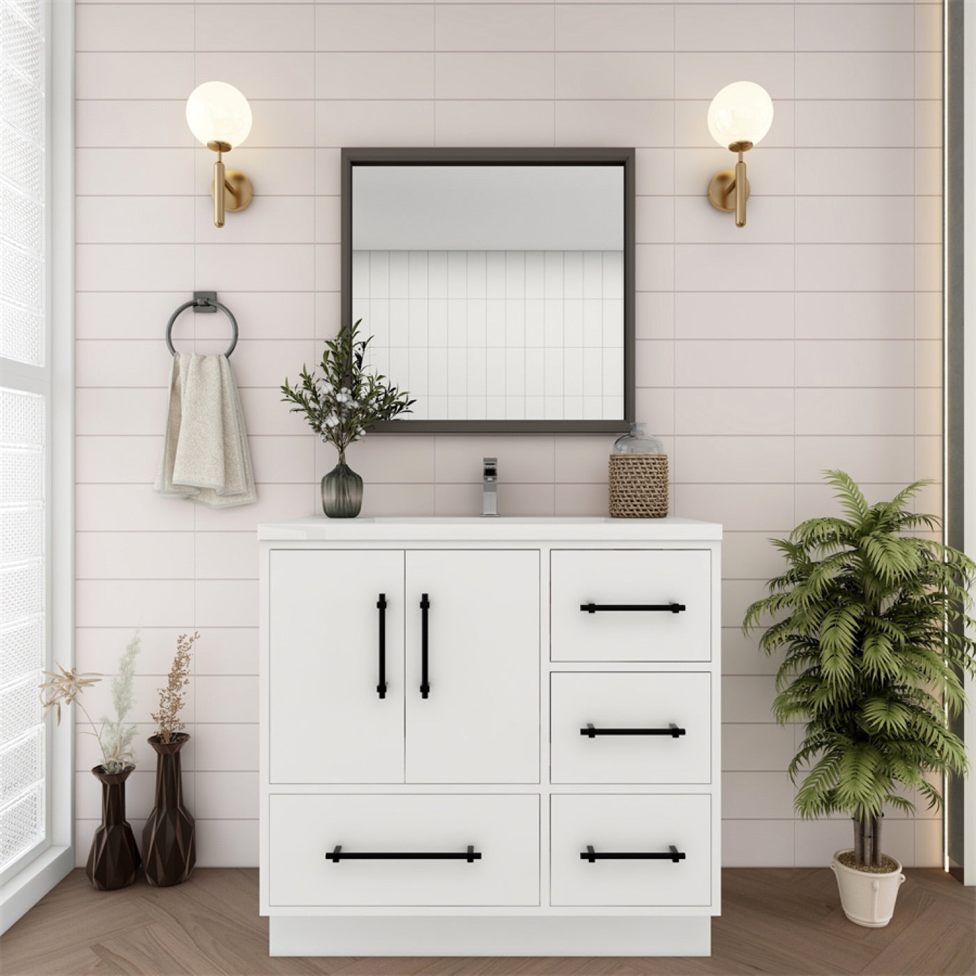 Color: Gloss White | Victoria 36" Freestanding Bathroom Vanity with Right Side Drawers image 2