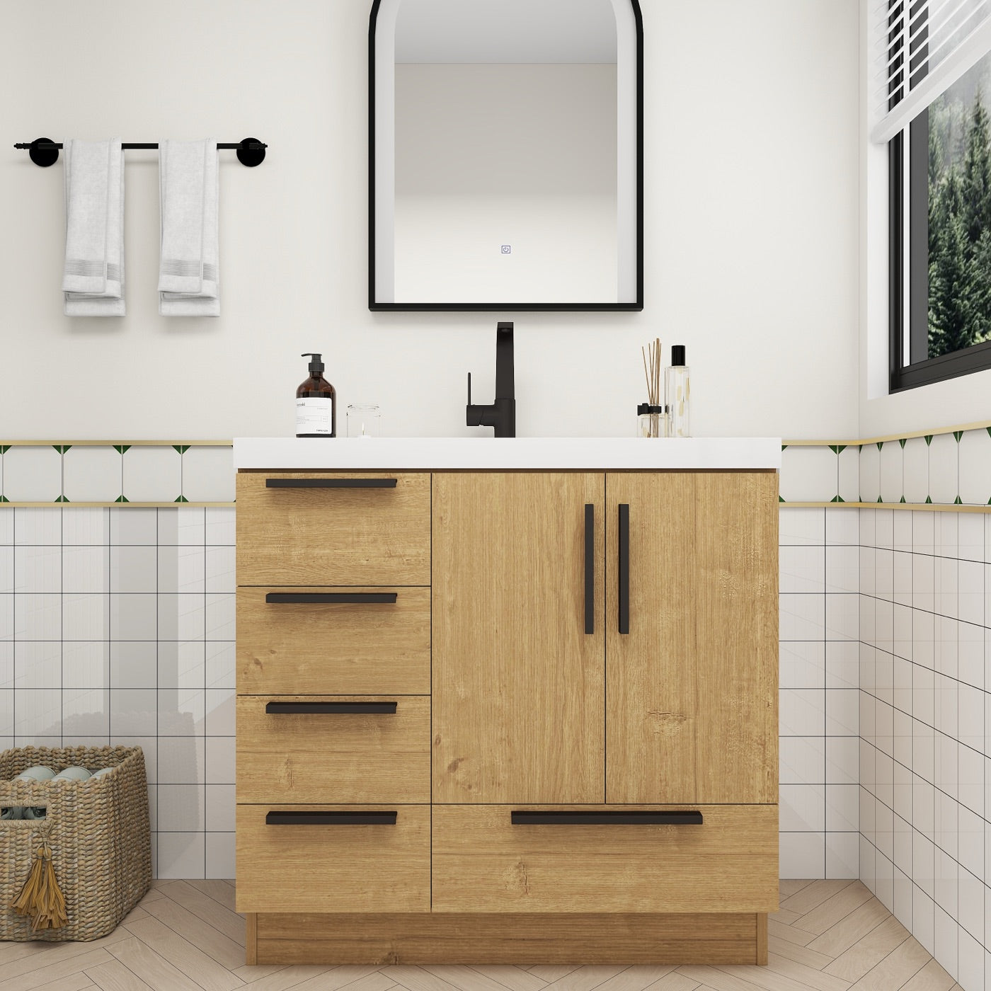 Color: White Oak | Carla 36" Freestanding Bathroom Vanity with Left Side Drawers image 2