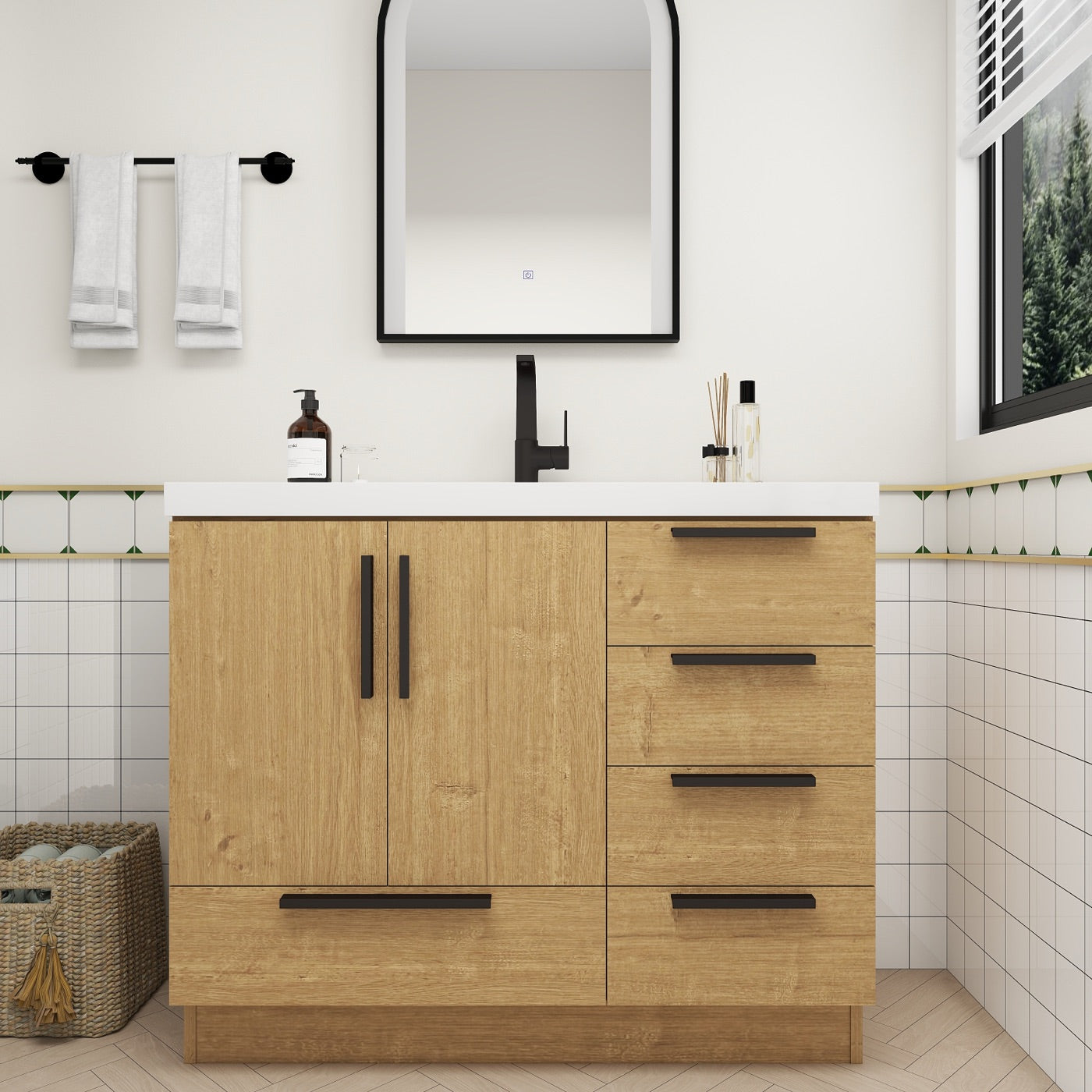 Color: White Oak | Carla 42" Freestanding Bathroom Vanity with Right Side Drawers image 2