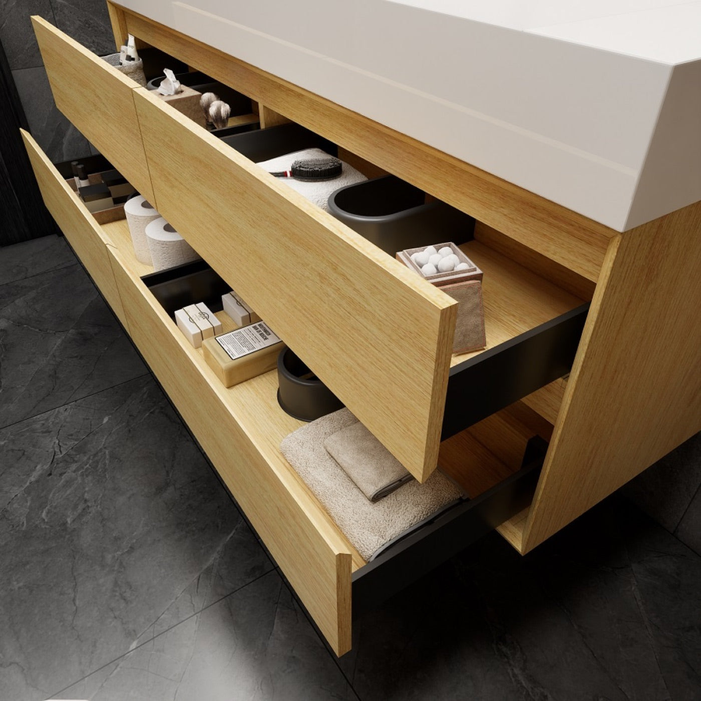 Color: Teak Oak | MAX 60" Floating Bathroom Vanity with Double Sink image 2