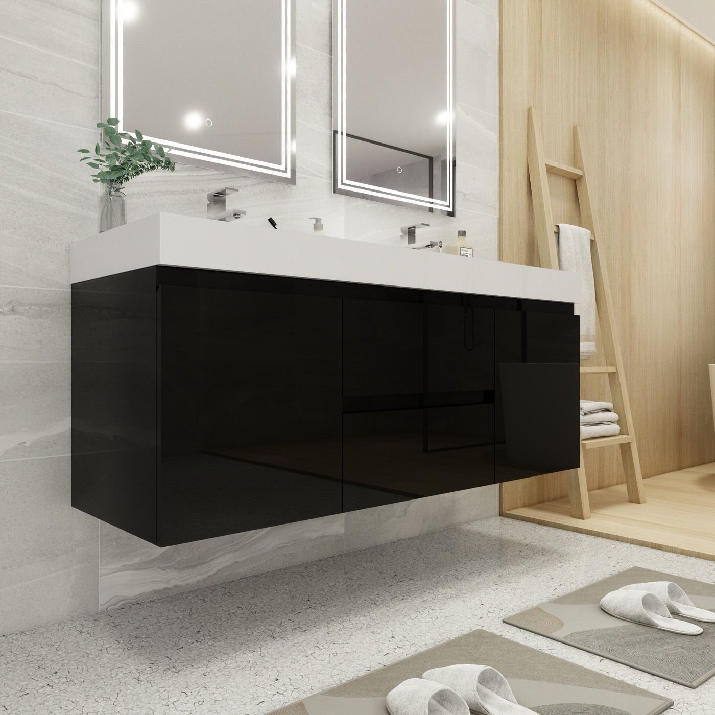 Color: Gloss Black | MOB 60" Floating Bathroom Vanity with Double Sink image 2