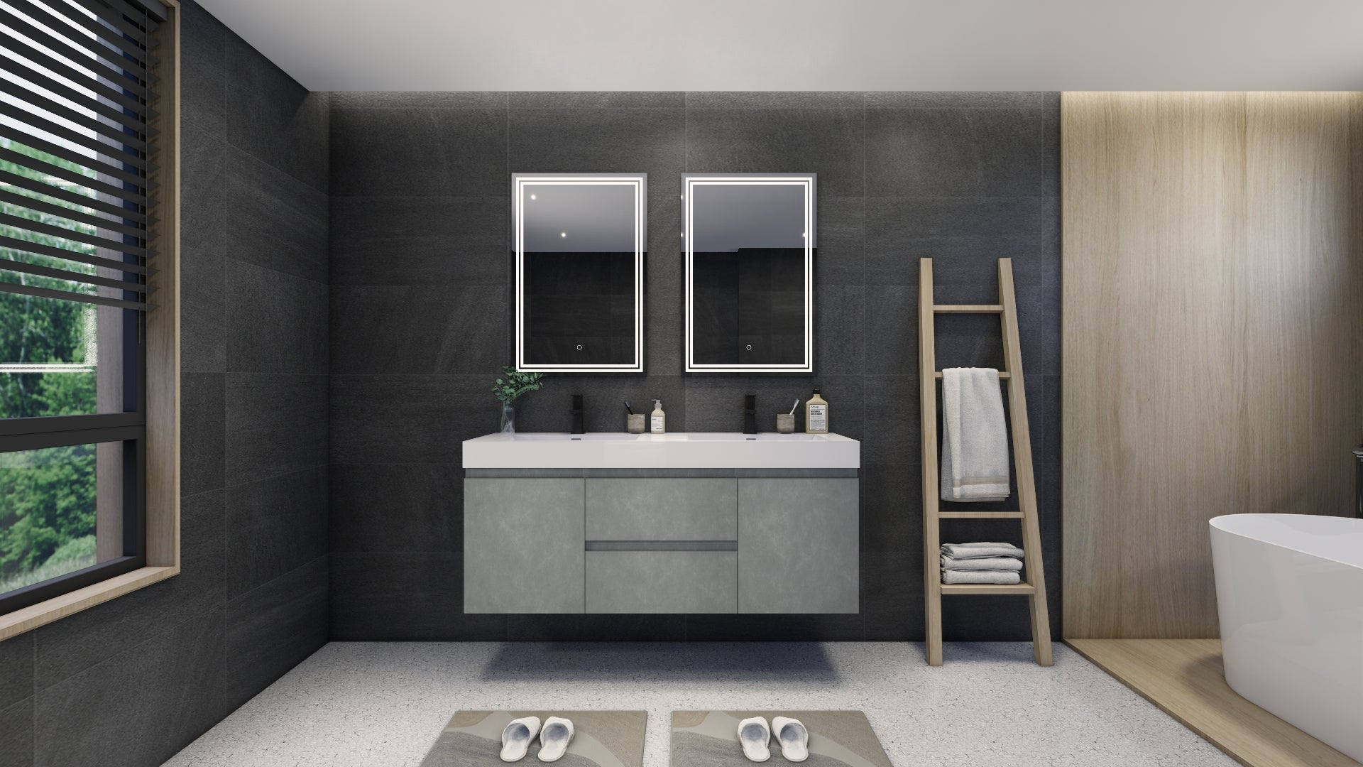 Modern double sink bathroom vanity in a finished bathroom